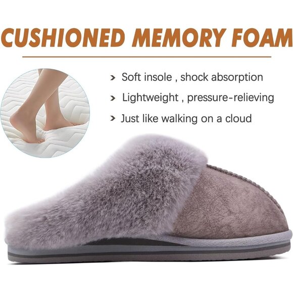 ⚡Women Grey Suede Fluff Dual Memory Foam Arch Support Warm Scuff Slipper - Picture 4 of 7